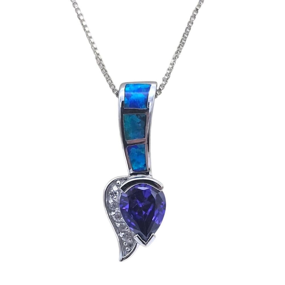 Sterling Silver 925 Inlay Fire Blue Opal Amethyst Necklace Pendant Chain - Picture 2 of 8